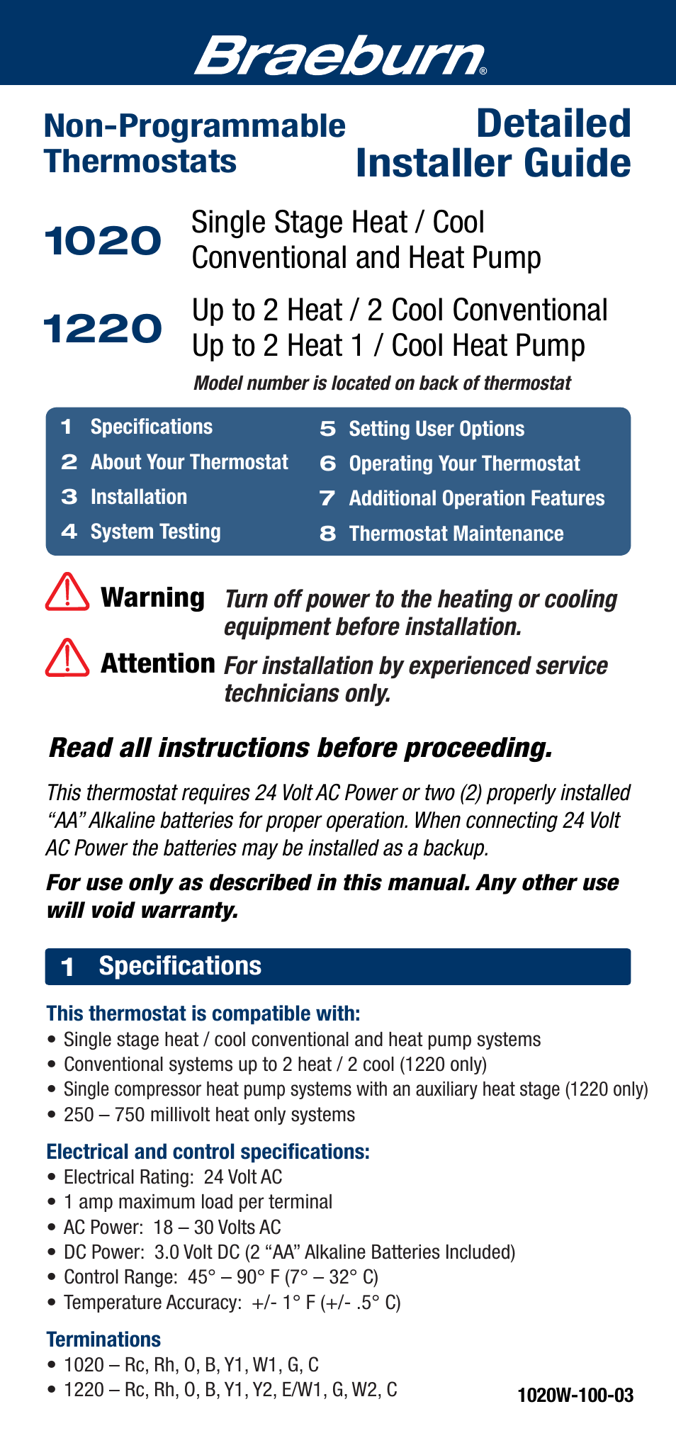 Braeburn 1220 User Manual | 10 pages