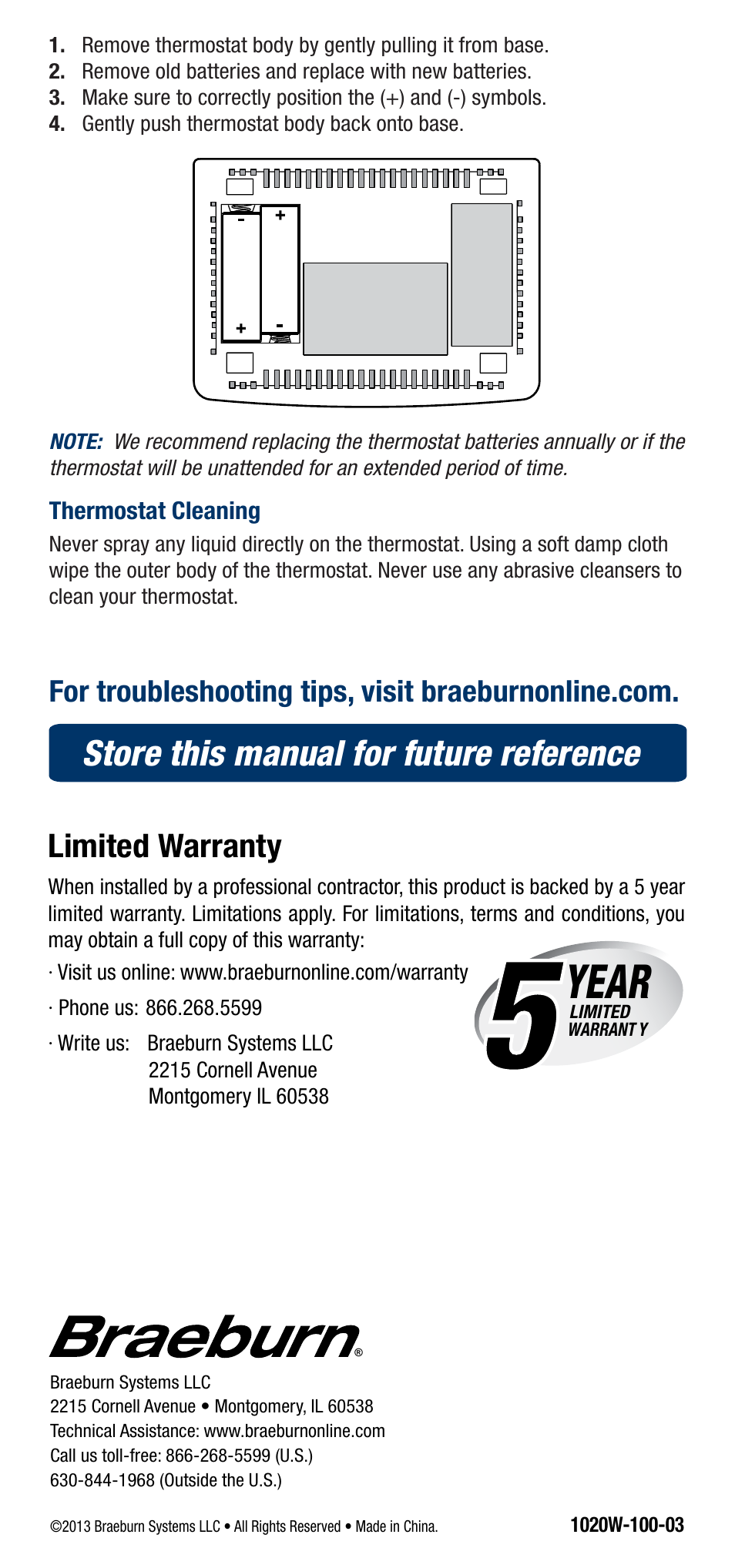 Year, Store this manual for future reference | Braeburn 1220 User Manual | Page 10 / 10