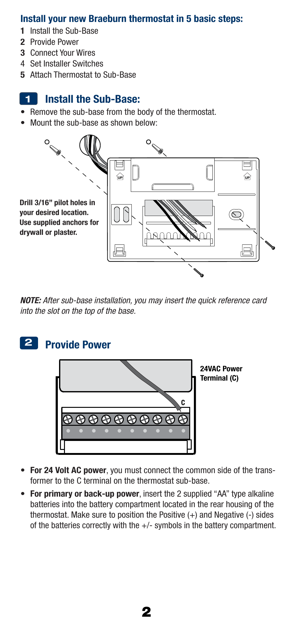 Install the sub-base, Provide power | Braeburn 1220 User Manual | Page 3 / 10