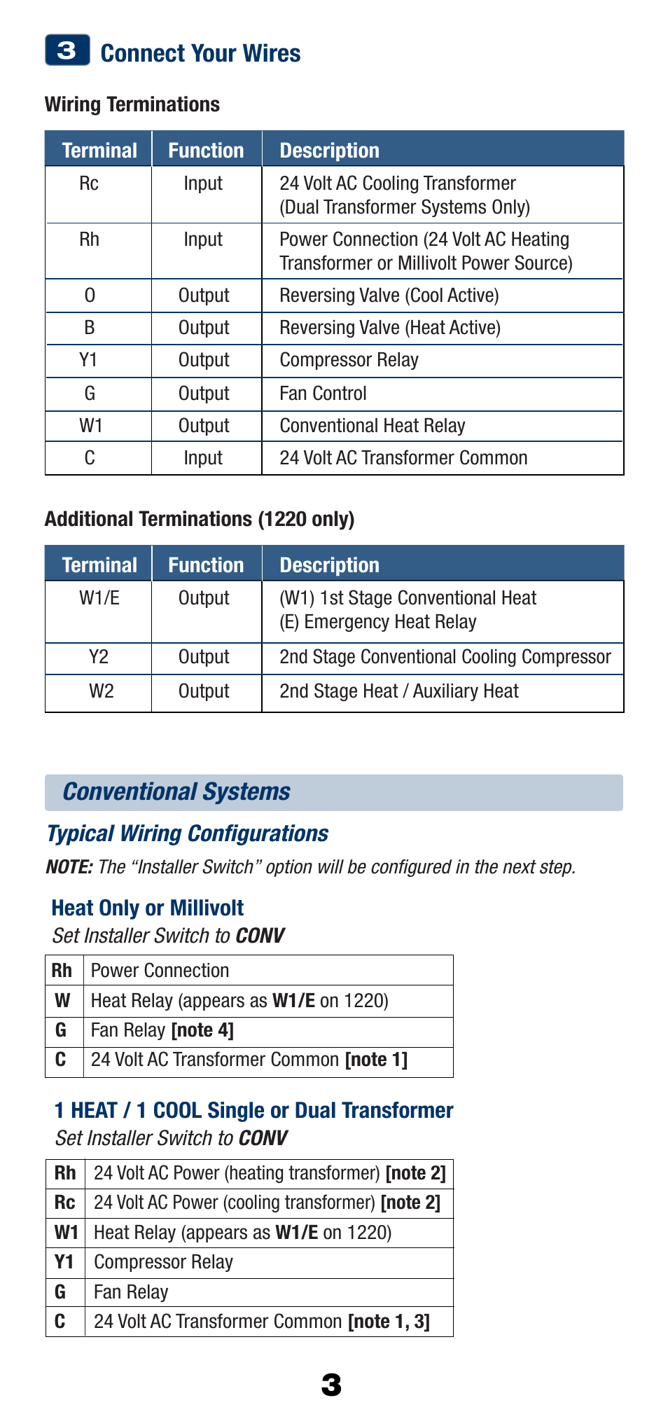 Connect your wires, Conventional systems | Braeburn 1220 User Manual | Page 4 / 10