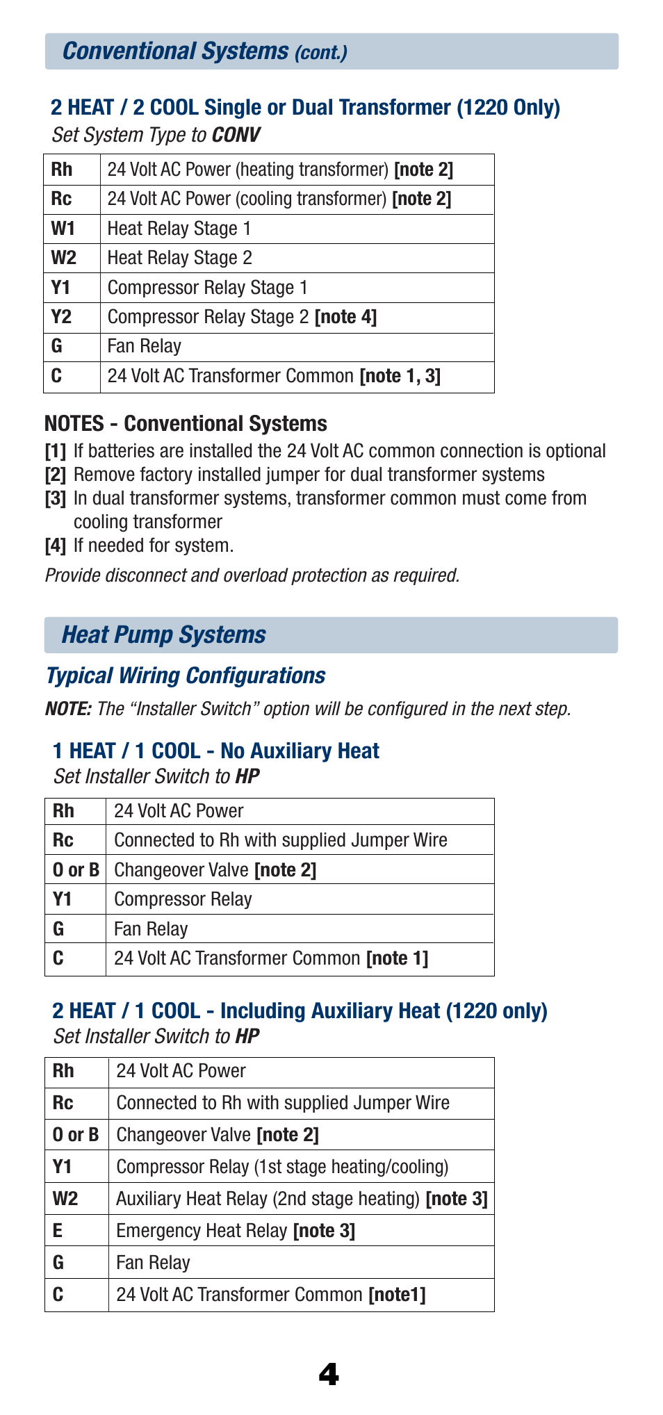 Conventional systems, Heat pump systems | Braeburn 1220 User Manual | Page 5 / 10