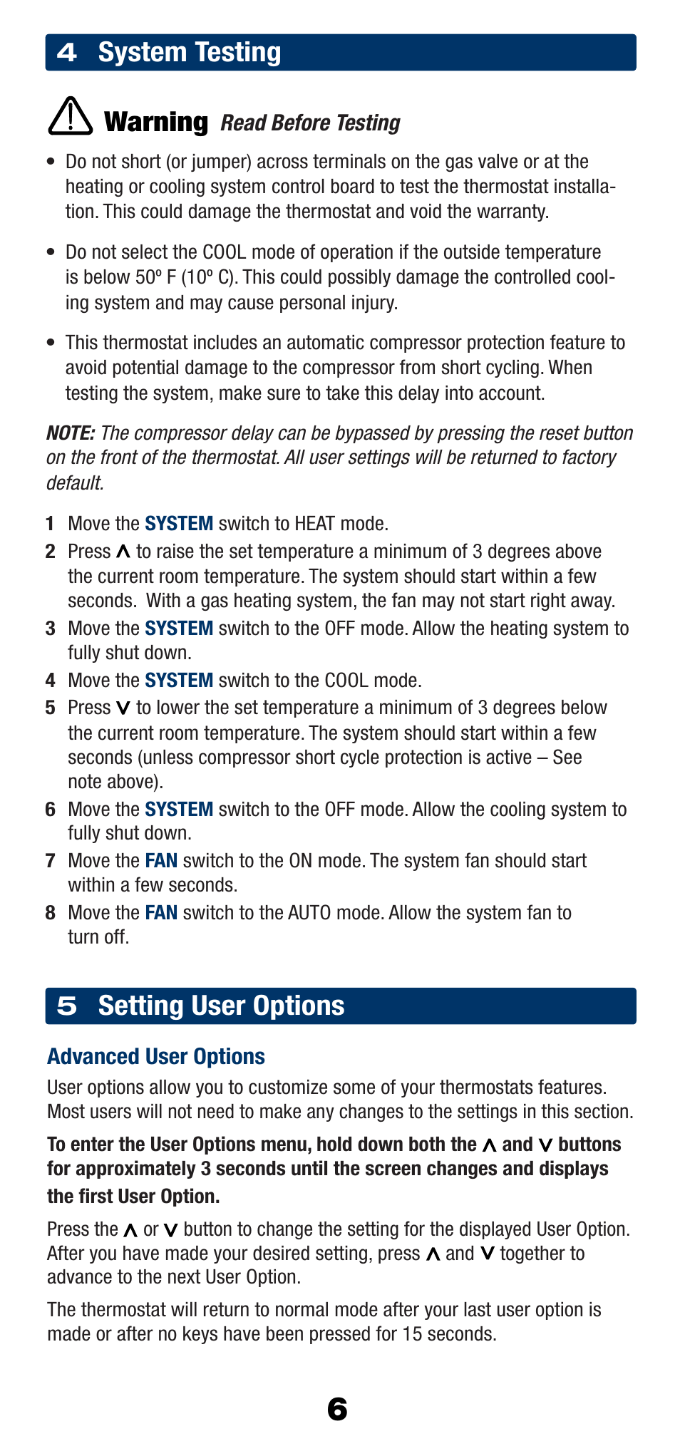 System testing, Warning, Setting user options | Braeburn 1220 User Manual | Page 7 / 10