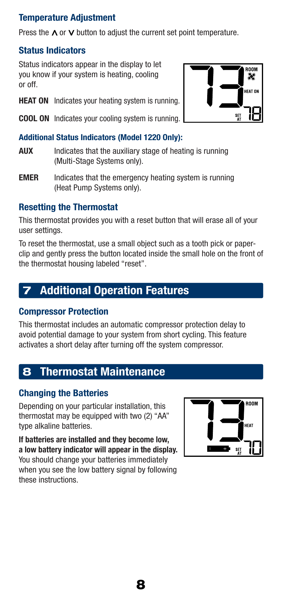 Additional operation features, Thermostat maintenance | Braeburn 1220 User Manual | Page 9 / 10