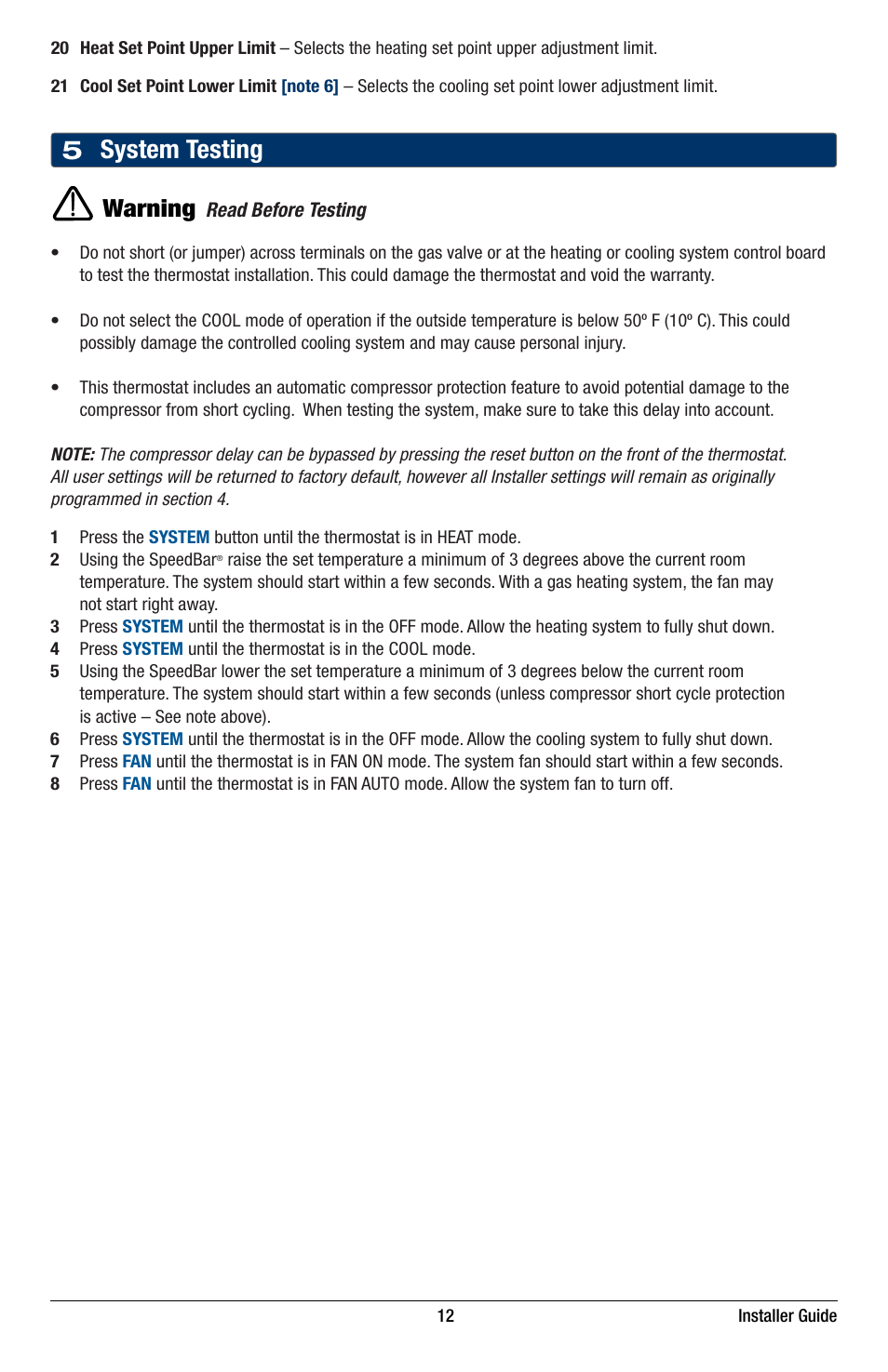5 system testing, Warning | Braeburn 3220 Installer Guide User Manual | Page 12 / 13