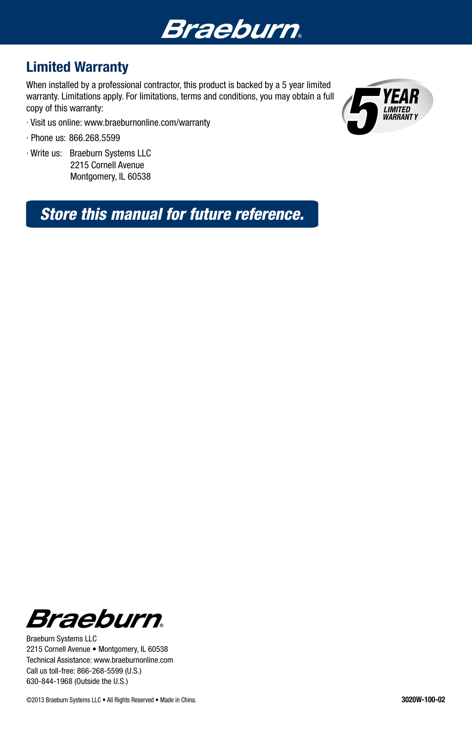 Year, Store this manual for future reference | Braeburn 3220 Installer Guide User Manual | Page 13 / 13
