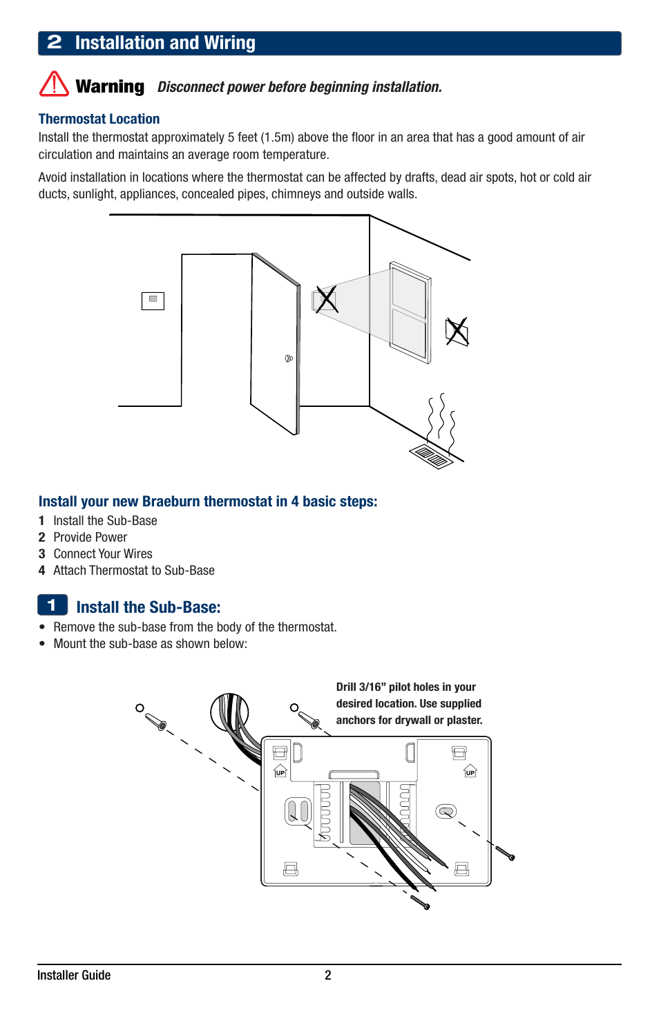 2 installation and wiring, Warning, Install the sub-base | Braeburn 3220 Installer Guide User Manual | Page 2 / 13