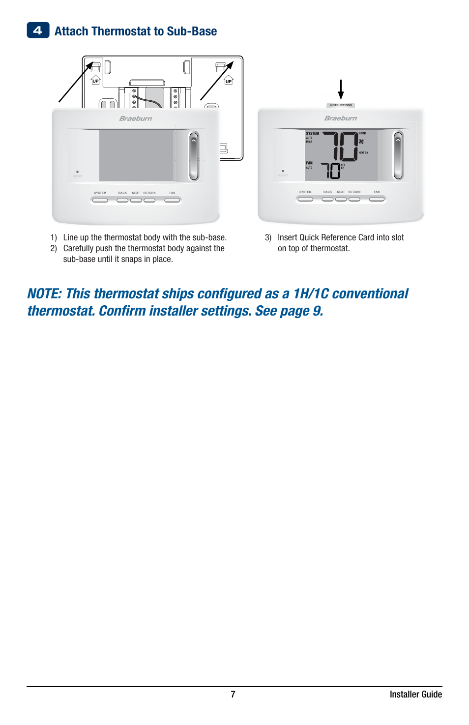 Attach thermostat to sub-base | Braeburn 3220 Installer Guide User Manual | Page 7 / 13