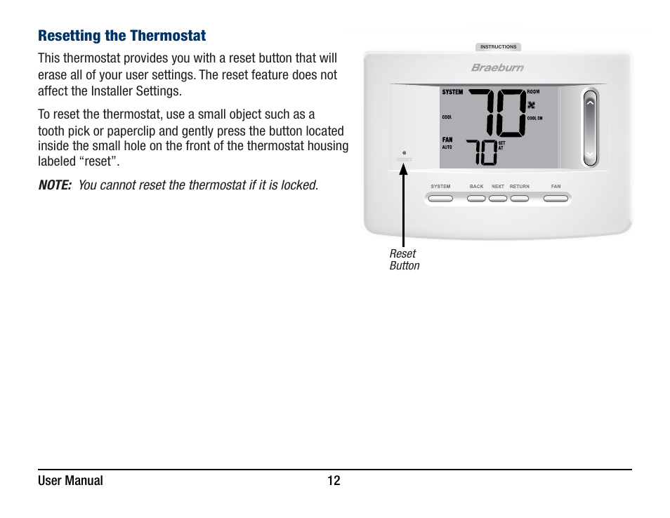 Resetting the thermostat | Braeburn 3220 User Manual User Manual | Page 12 / 20