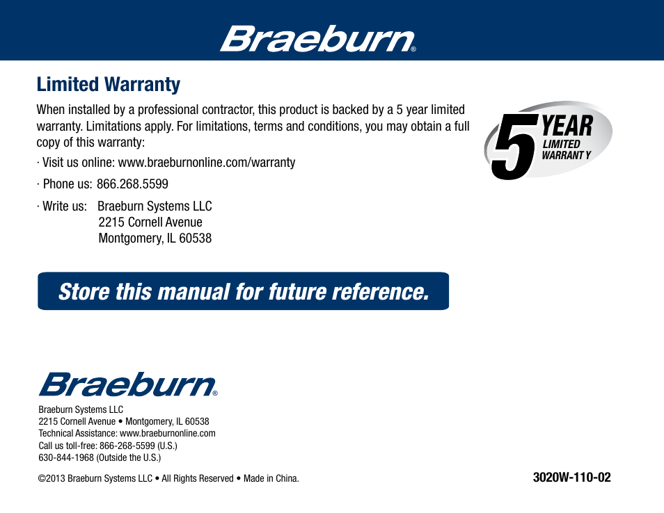 Year, Store this manual for future reference | Braeburn 3220 User Manual User Manual | Page 20 / 20