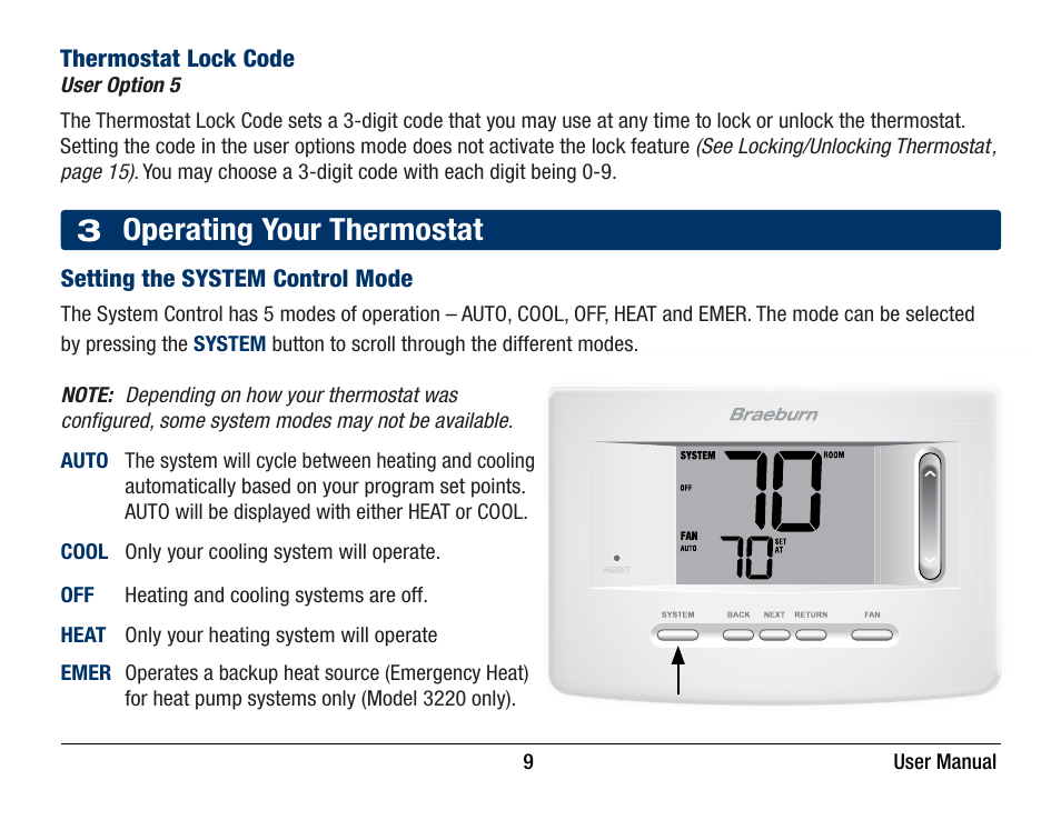 3 operating your thermostat | Braeburn 3220 User Manual User Manual | Page 9 / 20