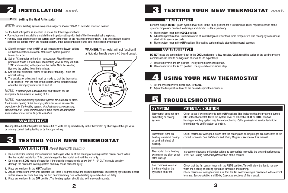 Installation, Testing your new thermostat, Using your new thermostat troubleshooting | Braeburn 505 User Manual | Page 2 / 3