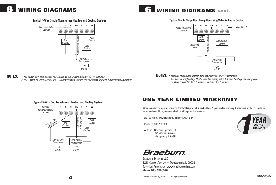 500 505 4 warranty, Wiring diagrams, One year limited warranty | Braeburn 505 User Manual | Page 3 / 3