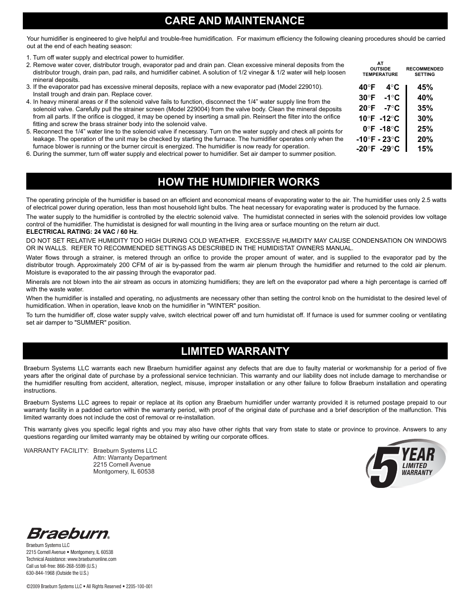 2205 p4.pdf, Year, Care and maintenance | How the humidifier works, Limited warranty | Braeburn 220550 User Manual | Page 4 / 4