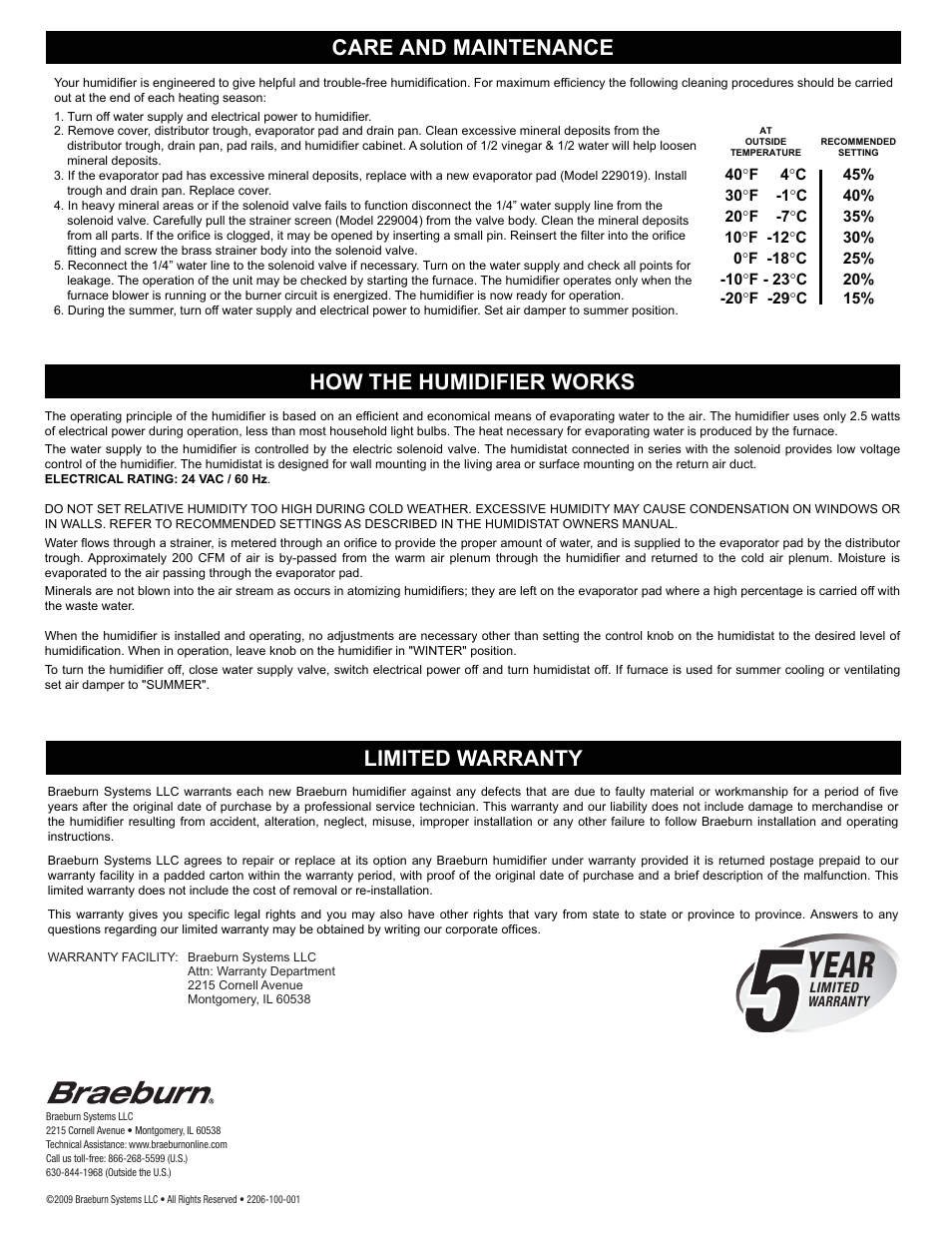 2206 p4.pdf, Year, Care and maintenance | How the humidifier works limited warranty | Braeburn 220650 User Manual | Page 4 / 4