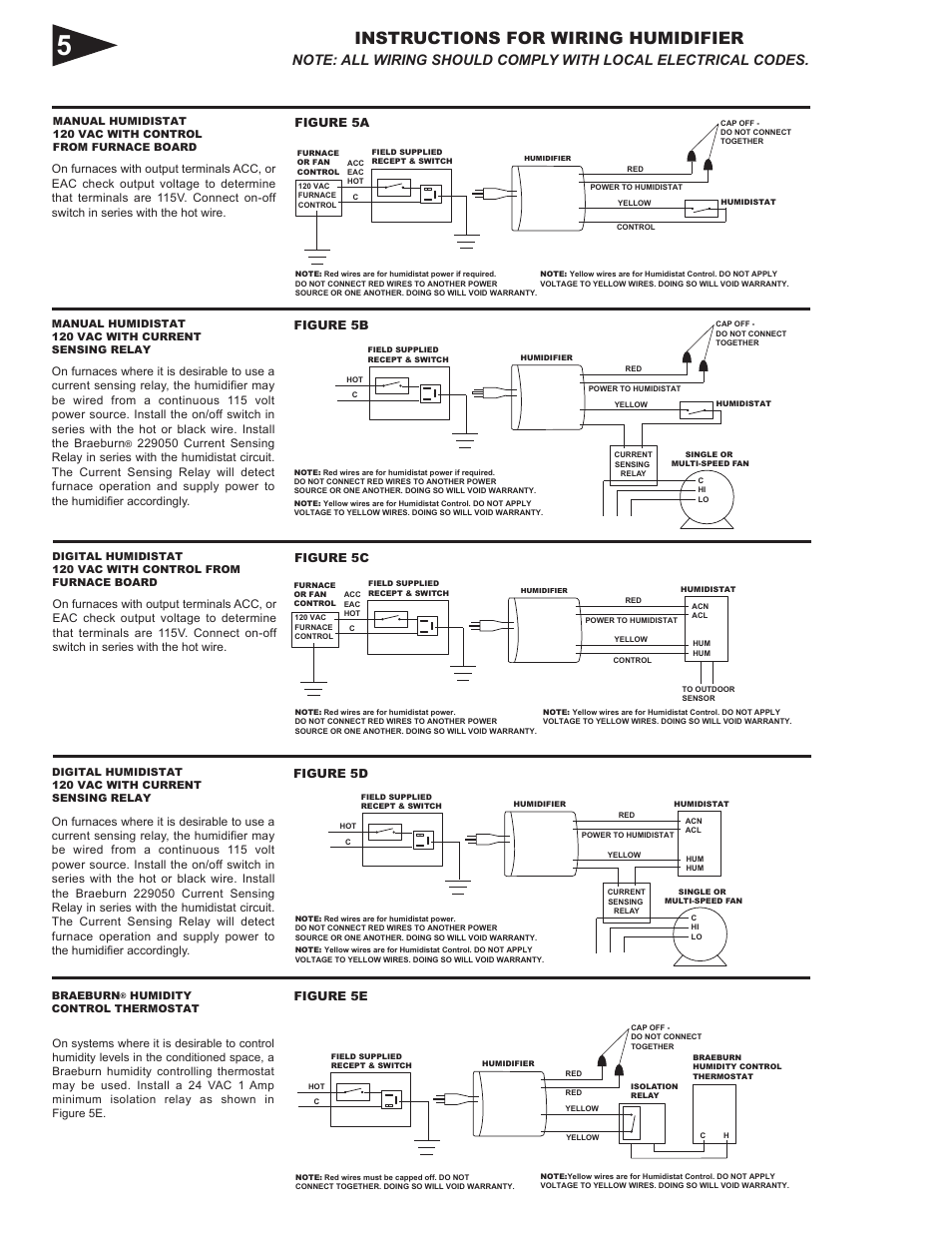 220700 p2.pdf, Instructions for wiring humidifier, Figure 5a | Figure 5b, Figure 5d, Figure 5e | Braeburn 220750 User Manual | Page 2 / 4