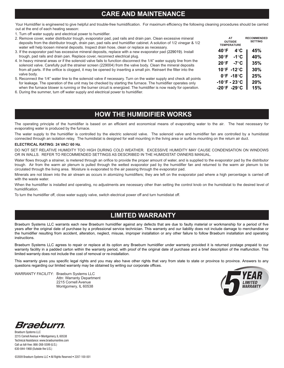 220700 p4.pdf, Year, Care and maintenance | How the humidifier works, Limited warranty | Braeburn 220750 User Manual | Page 4 / 4