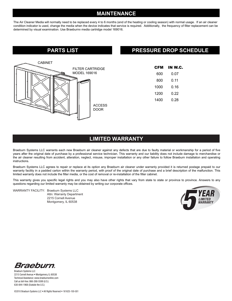 161625 p2.pdf, Year, Limited warranty | Maintenance parts list pressure drop schedule | Braeburn 161625 User Manual | Page 2 / 2