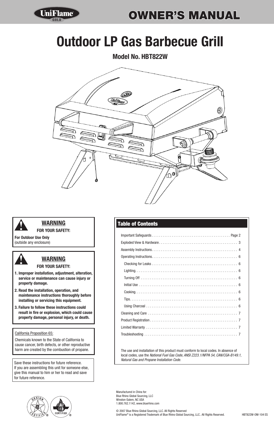 Blue Rhino Outdoor LP Gas Barbecue Grill HBT822W User Manual | 16 pages