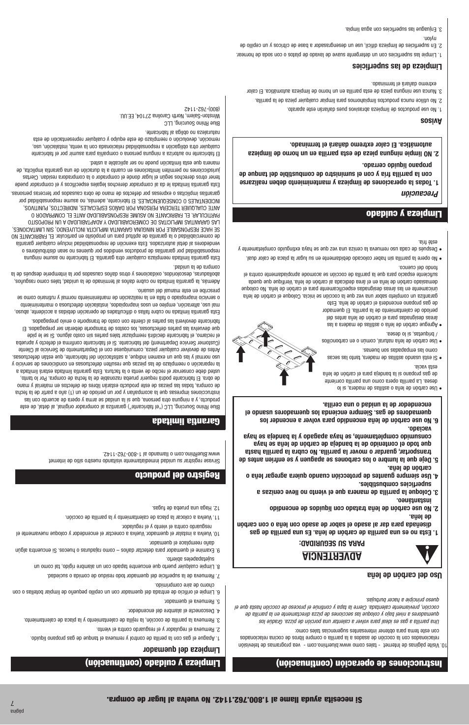 Advertencia, Limpieza y cuidado, Registro del producto | Garantia limitada, Uso del carbón de leña, Precaución, Avisos, Limpieza de las superficies, Limpieza del quemador | Blue Rhino Outdoor LP Gas Barbecue Grill HBT822W User Manual | Page 10 / 16