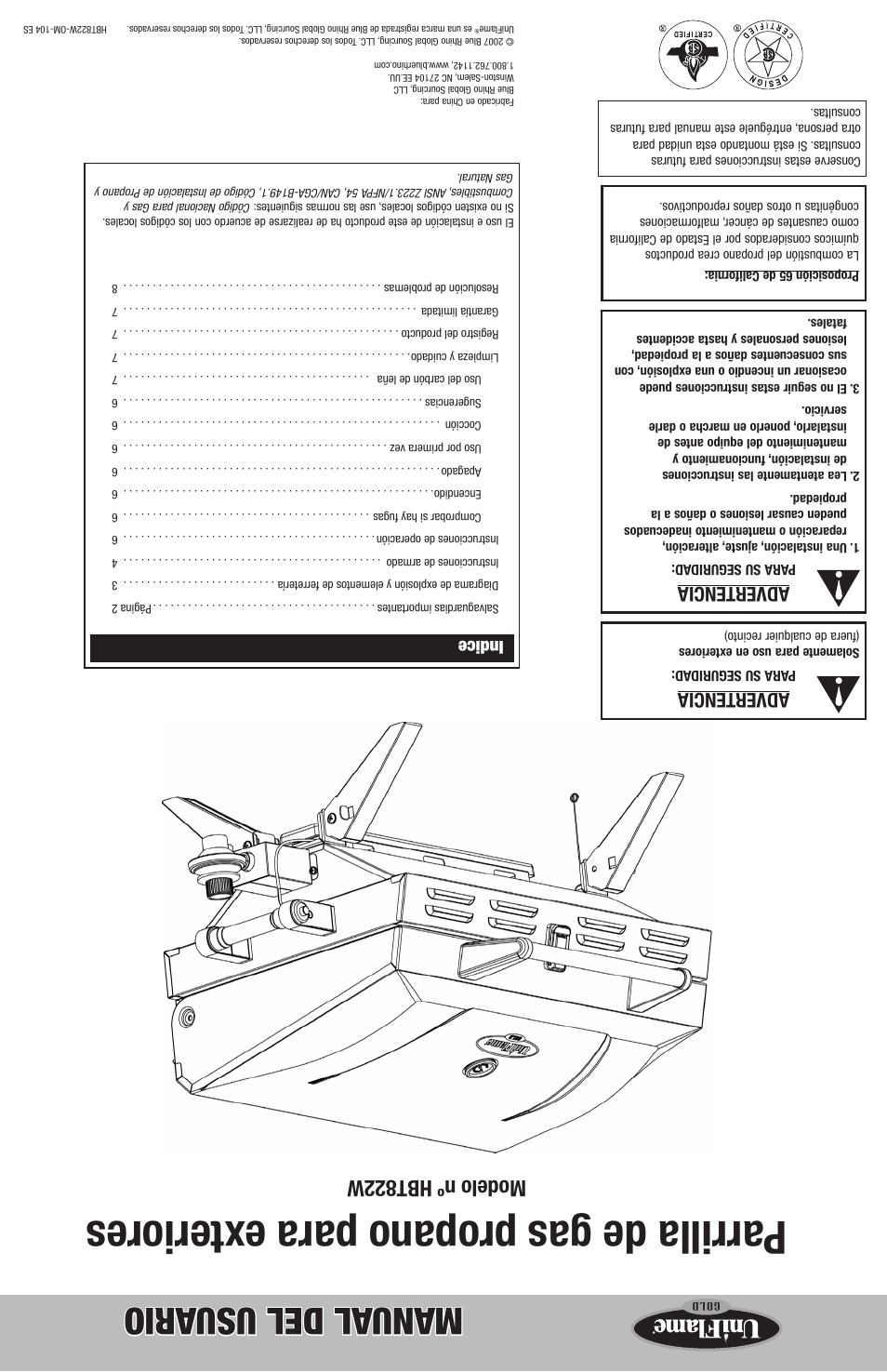 Parrilla de gas propano para e xteriores, Manual del usu ario, Modelo nº hbt822w | Advertencia, Indice | Blue Rhino Outdoor LP Gas Barbecue Grill HBT822W User Manual | Page 16 / 16