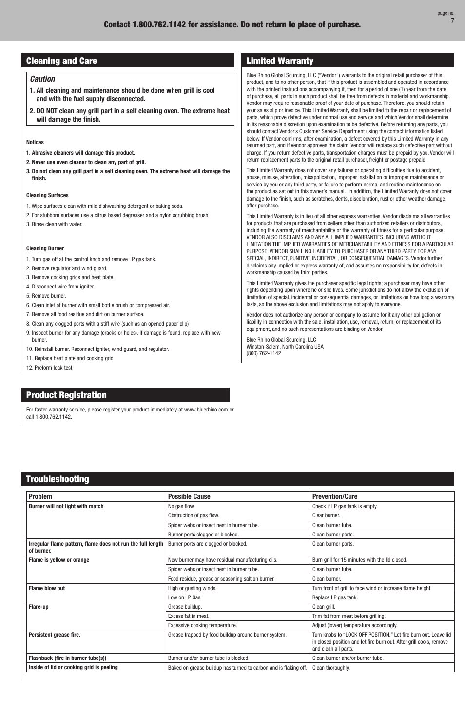 Troubleshooting, Cleaning and care, Product registration | Limited warranty | Blue Rhino Outdoor LP Gas Barbecue Grill HBT822W User Manual | Page 7 / 16