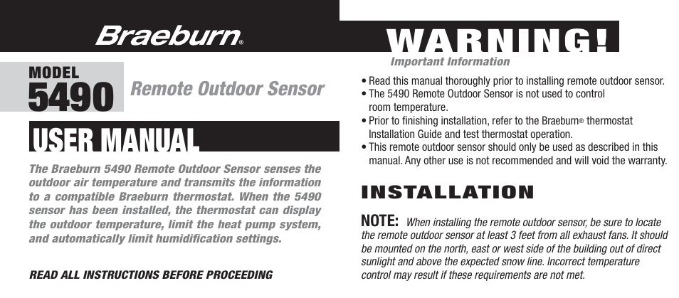 Braeburn 5490 User Manual | 3 pages