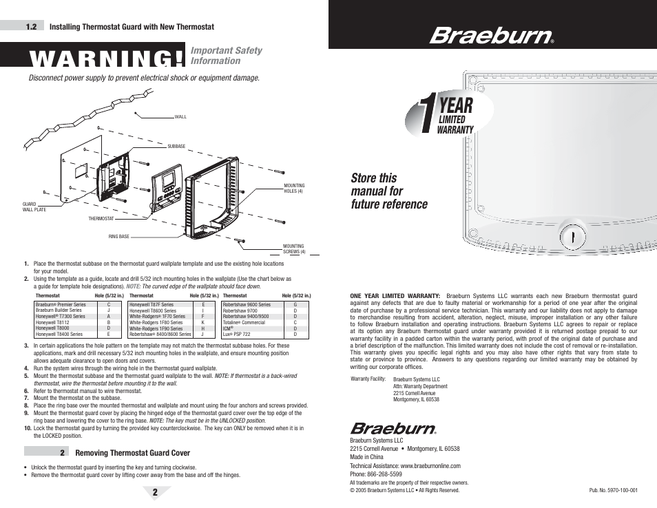 5970_2_bckcvr.pdf, Warning, Year | Store this manual for future reference, Warranty, Limited, Important safety information | Braeburn 5970 User Manual | Page 2 / 2