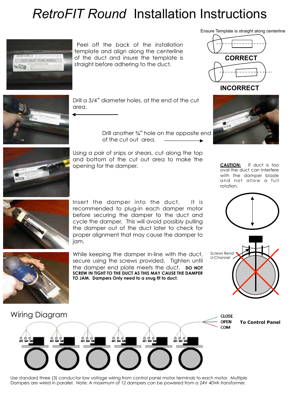 Retrofit manual_2, Retrofit round installation instructions, Wiring diagram | Incorrect correct | Braeburn Round Retrofit Damper User Manual | Page 2 / 2