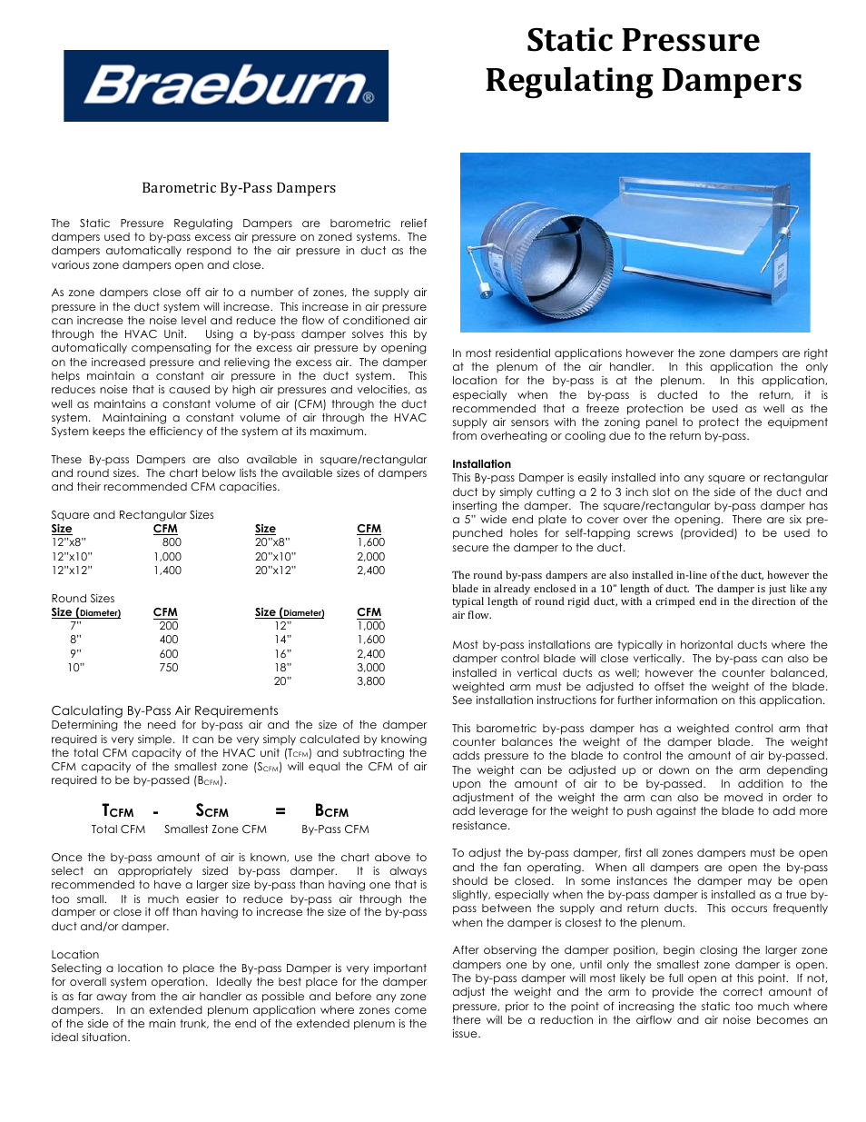 Braeburn Bypass Damper User Manual | 2 pages