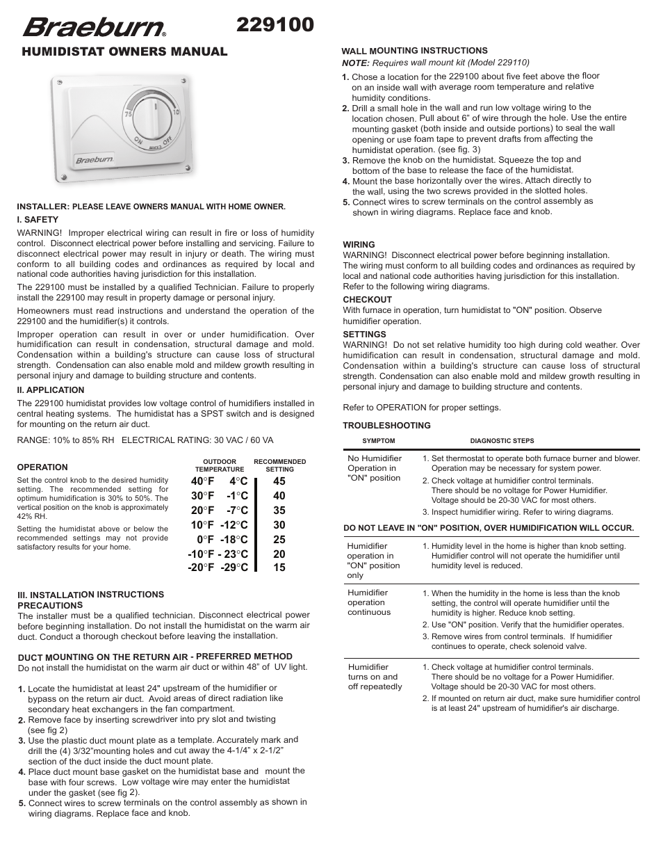 Braeburn 229100 User Manual | 2 pages