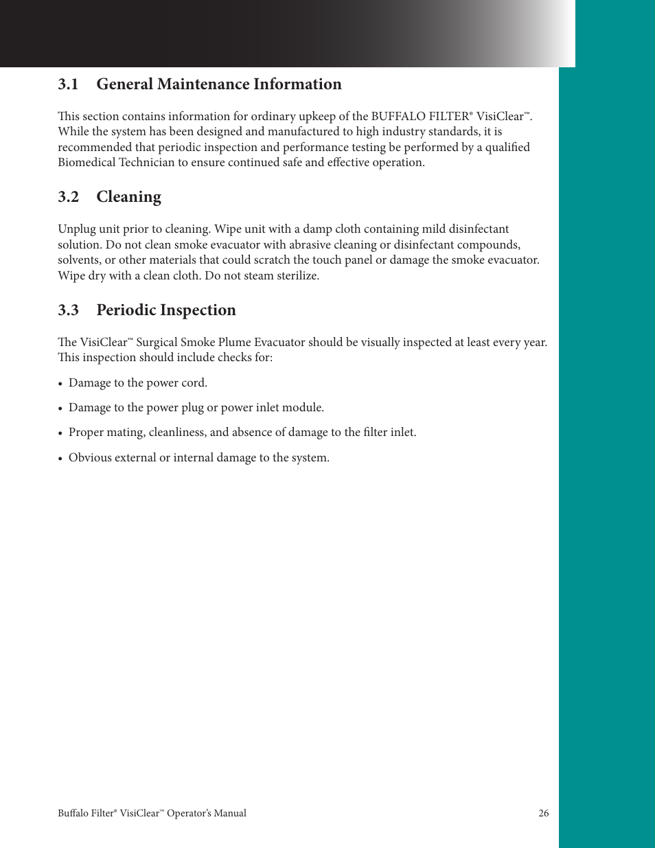1 general maintenance information, 2 cleaning, 3 periodic inspection | Buffalo Filter VisiClear User Manual | Page 26 / 30