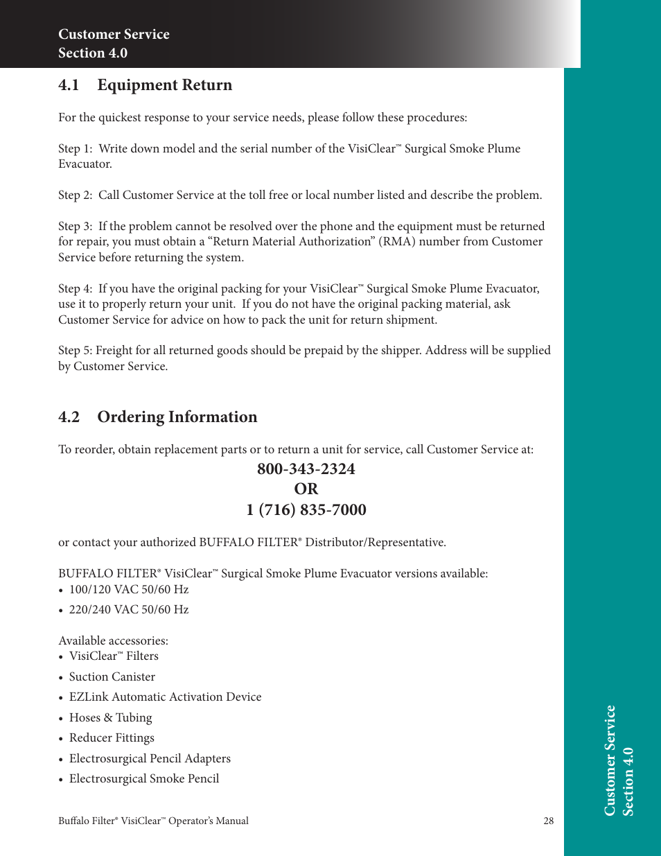 1 equipment return, 2 ordering information | Buffalo Filter VisiClear User Manual | Page 28 / 30