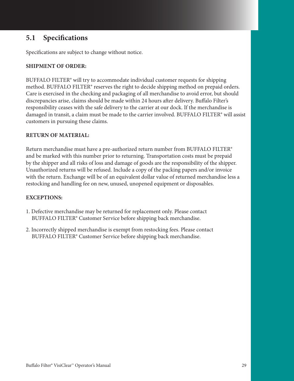 1 specifications | Buffalo Filter VisiClear User Manual | Page 29 / 30