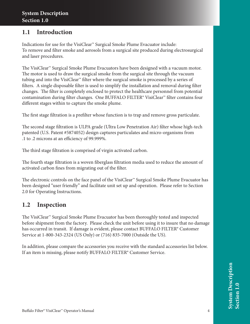1 introduction, 2 inspection | Buffalo Filter VisiClear User Manual | Page 4 / 30