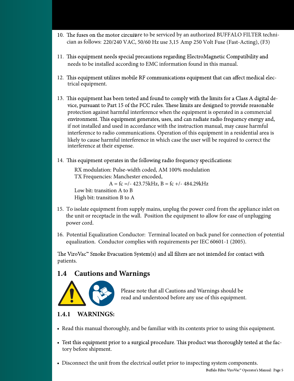 4 cautions and warnings | Buffalo Filter ViroVac User Manual | Page 6 / 26