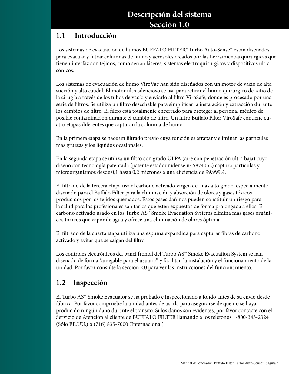 Descripción del sistema sección 1.0, 1 introducción, 2 inspección | Buffalo Filter PlumeSafe Turbo User Manual | Page 112 / 135