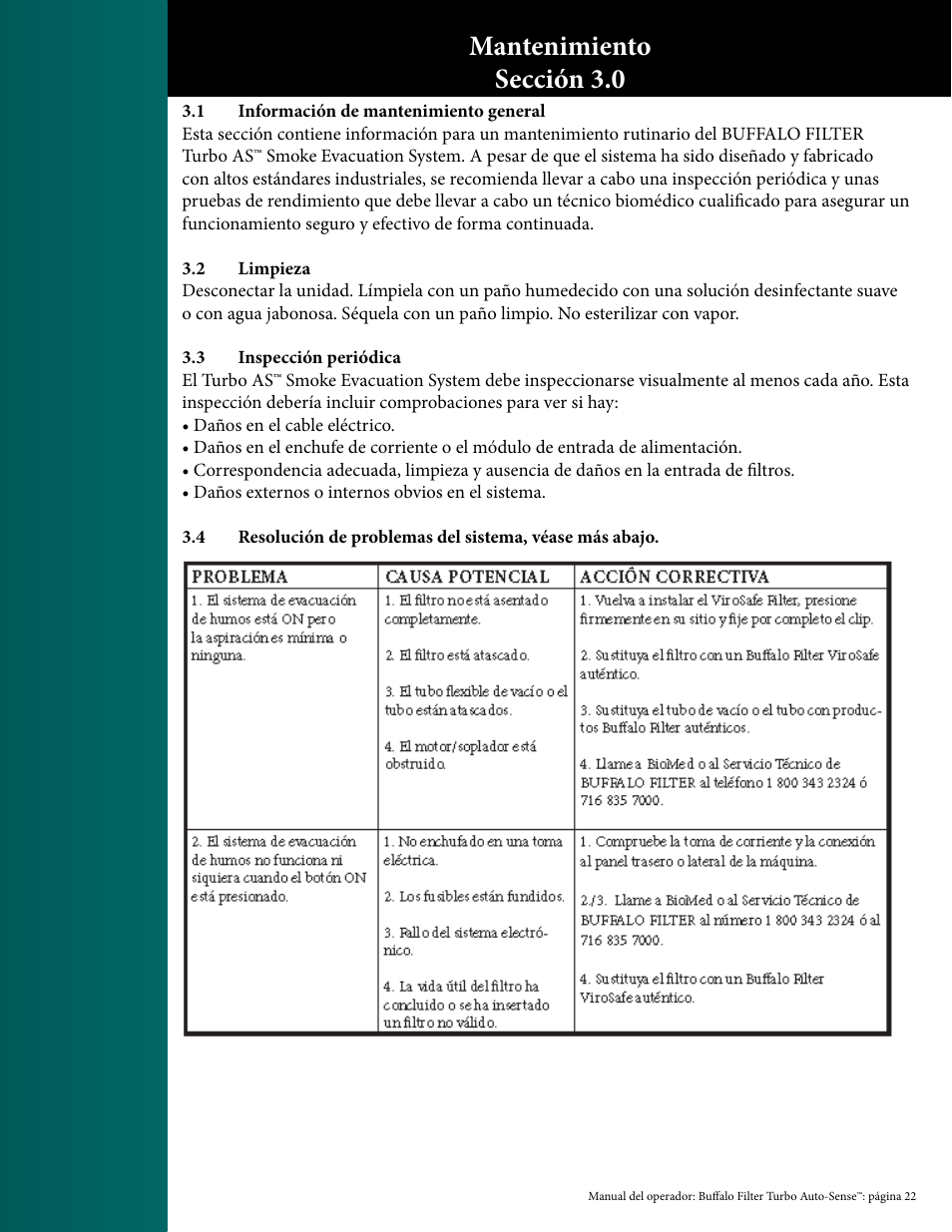 Mantenimiento sección 3.0 | Buffalo Filter PlumeSafe Turbo User Manual | Page 131 / 135