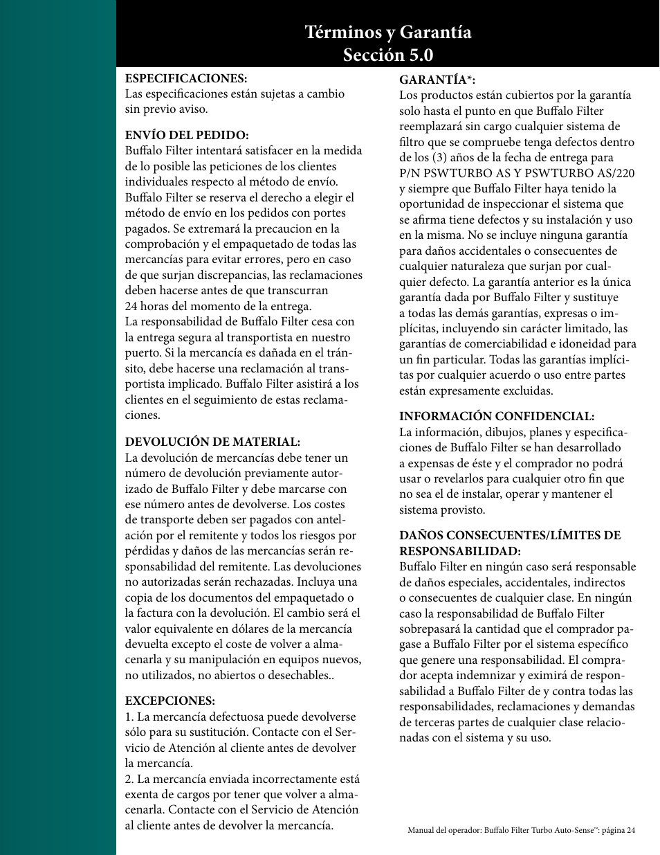 Términos y garantía sección 5.0 | Buffalo Filter PlumeSafe Turbo User Manual | Page 133 / 135