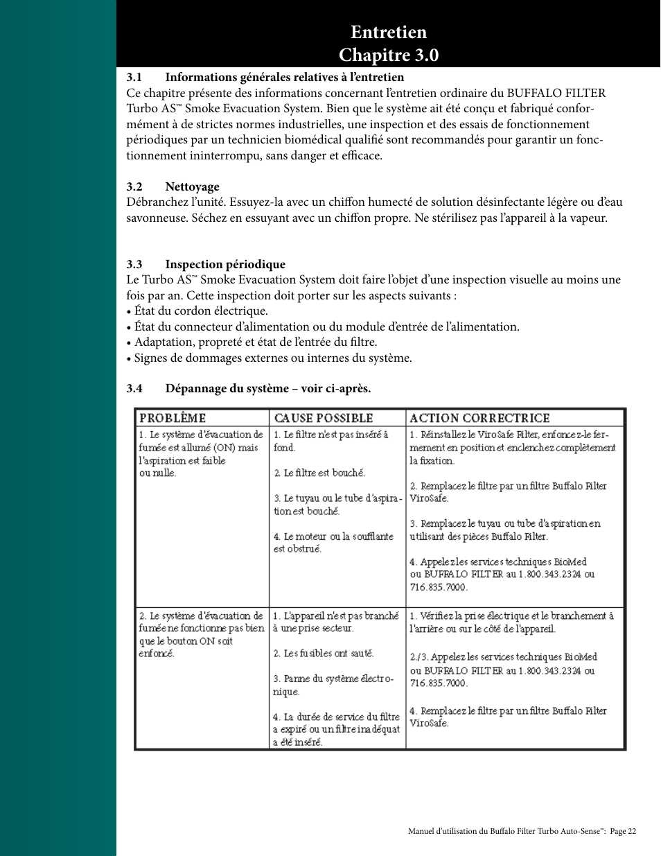 Entretien chapitre 3.0 | Buffalo Filter PlumeSafe Turbo User Manual | Page 50 / 135