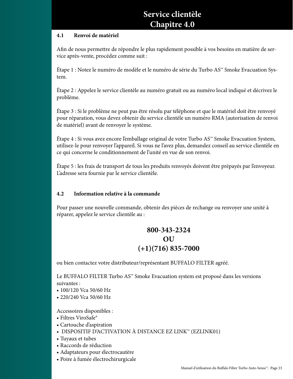 Service clientèle chapitre 4.0 | Buffalo Filter PlumeSafe Turbo User Manual | Page 51 / 135