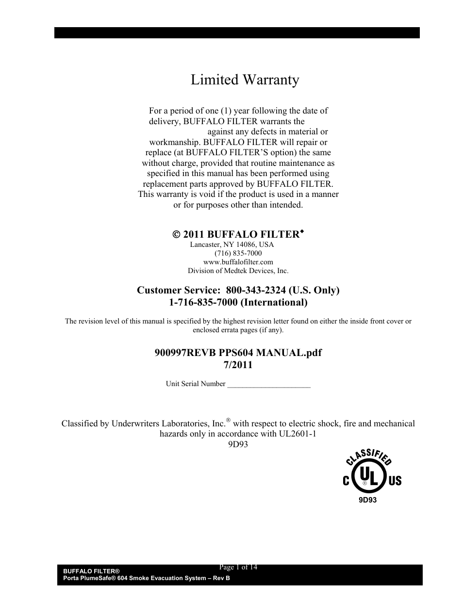 Limited warranty, 2011 buffalo filter | Buffalo Filter Porta PlumeSafe 604 User Manual | Page 2 / 75