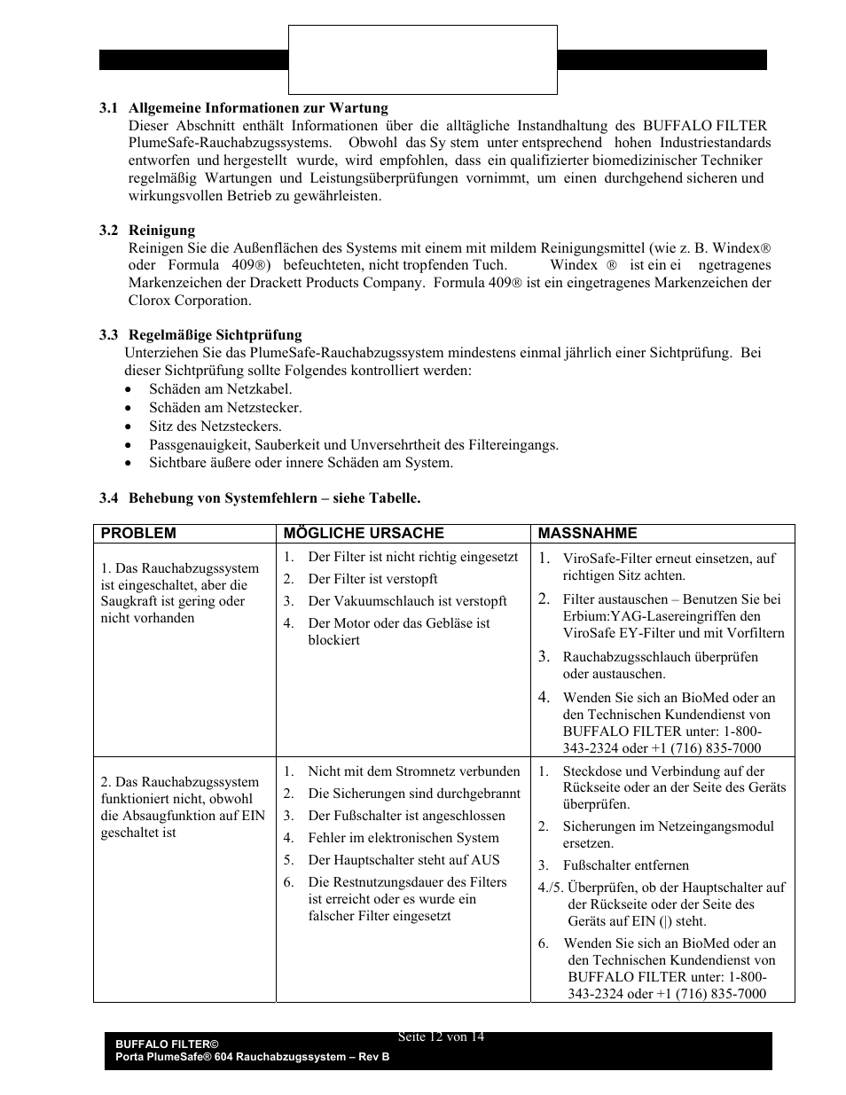 Wartung, Abschnitt 3.0 | Buffalo Filter Porta PlumeSafe 604 User Manual | Page 28 / 75