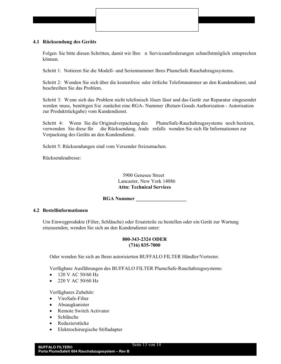 Kundendienst, Abschnitt 4.0 | Buffalo Filter Porta PlumeSafe 604 User Manual | Page 29 / 75