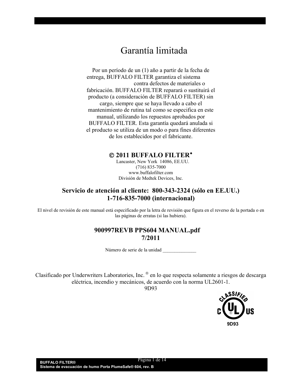 Garantía limitada, 2011 buffalo filter | Buffalo Filter Porta PlumeSafe 604 User Manual | Page 32 / 75