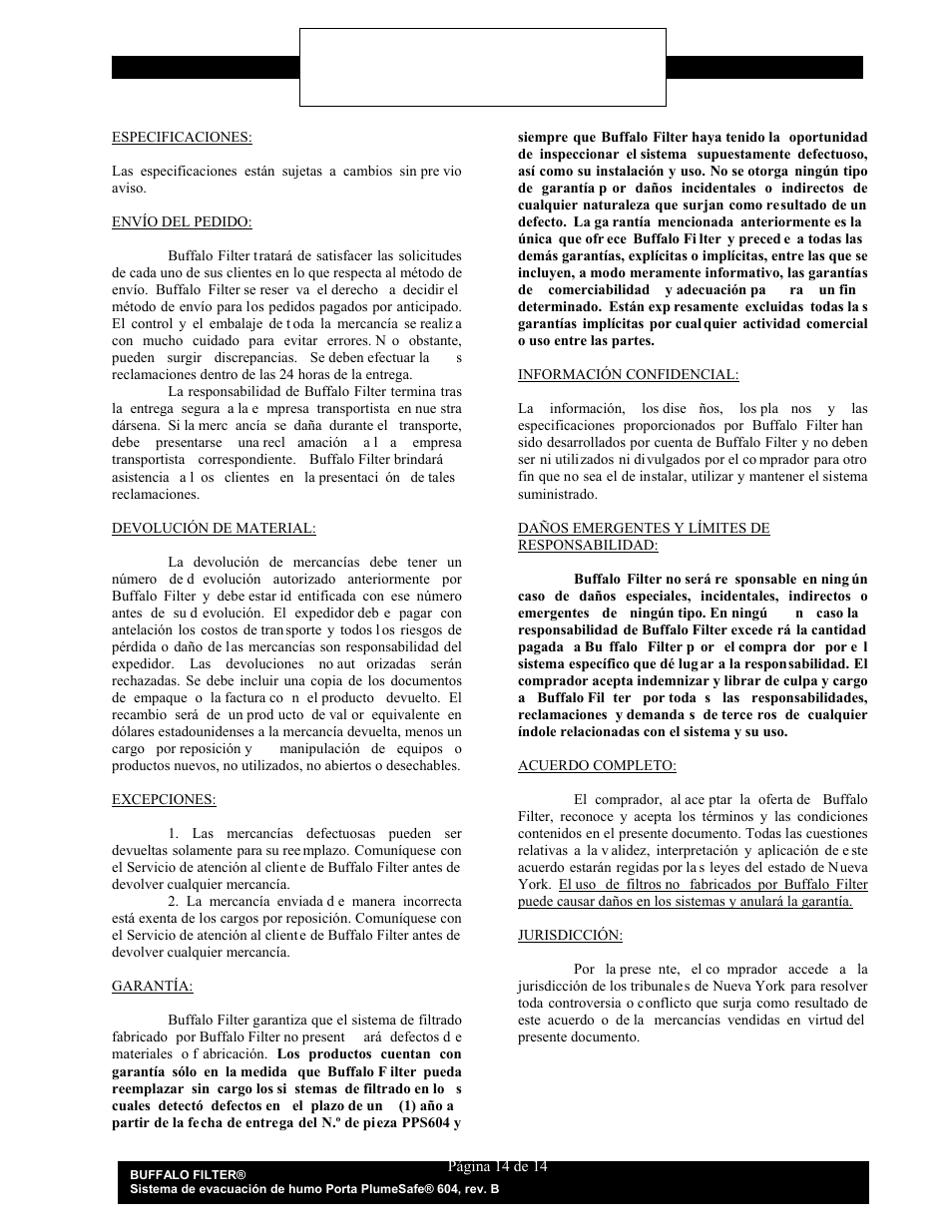 Condiciones y garantía, Sección 5.0 | Buffalo Filter Porta PlumeSafe 604 User Manual | Page 45 / 75