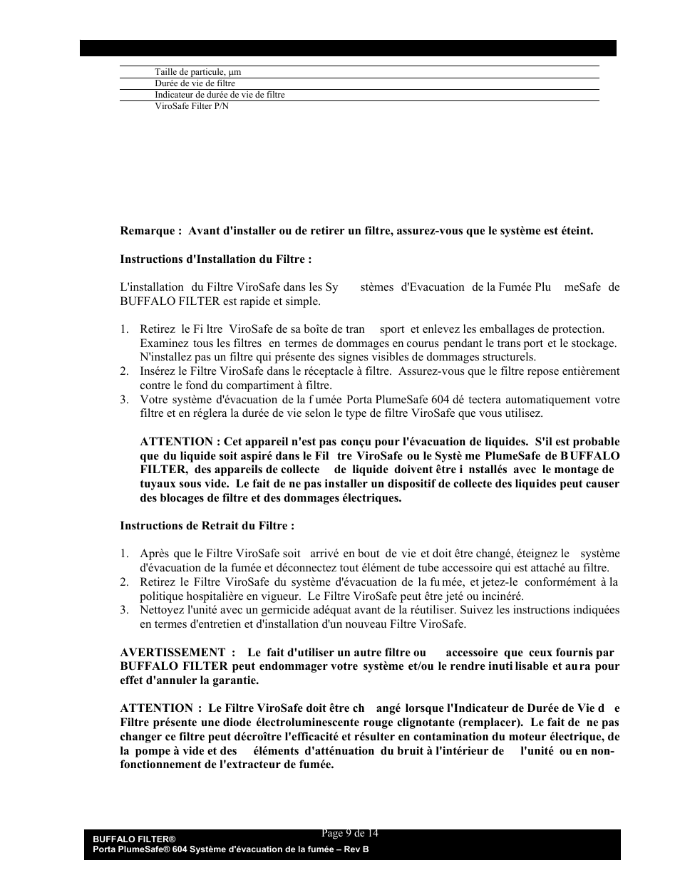 Buffalo Filter Porta PlumeSafe 604 User Manual | Page 55 / 75