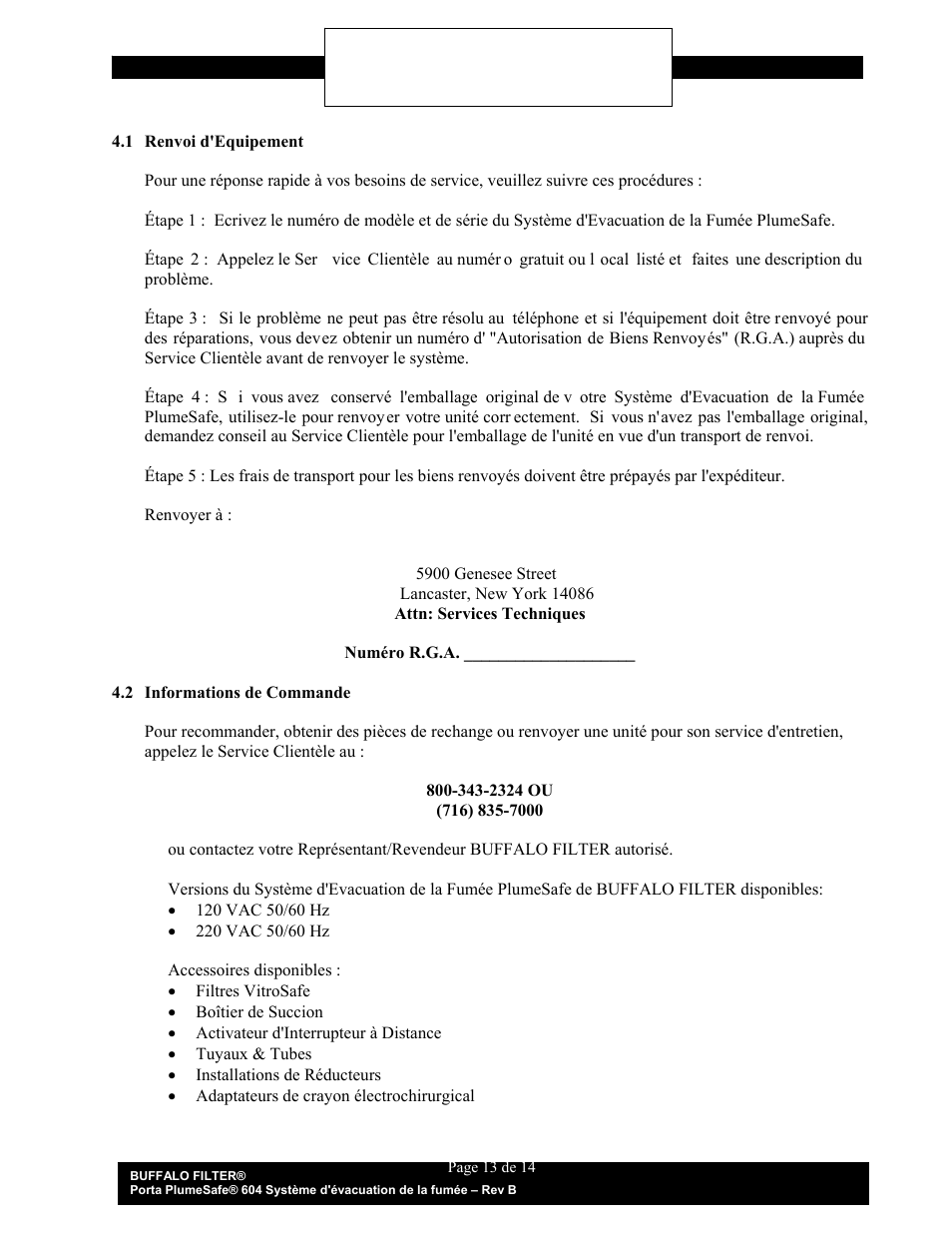 Service clientèle | Buffalo Filter Porta PlumeSafe 604 User Manual | Page 59 / 75