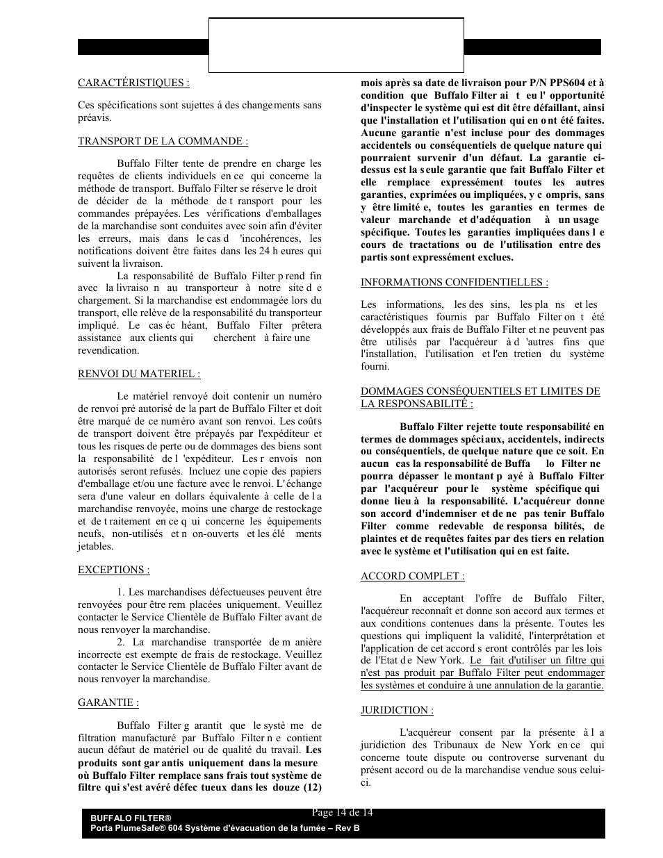 Conditions & garantie | Buffalo Filter Porta PlumeSafe 604 User Manual | Page 60 / 75