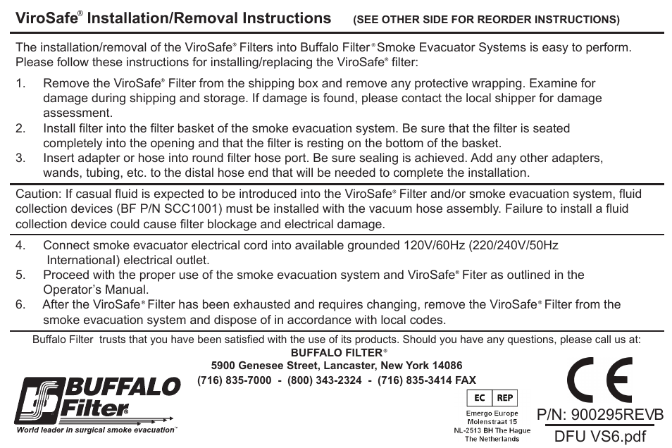 Buffalo Filter VS06T04 User Manual | 2 pages
