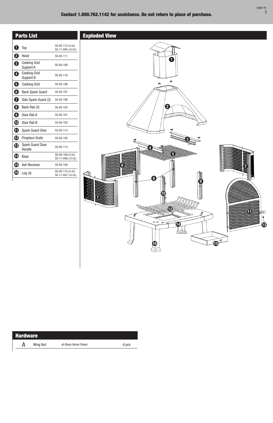 Hardware, Exploded view, Parts list | Blue Rhino WAF513C User Manual | Page 3 / 8